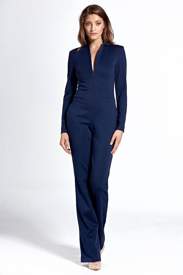 Elegant navy tailored jumpsuits for women featuring long sleeves and a stylish zip front