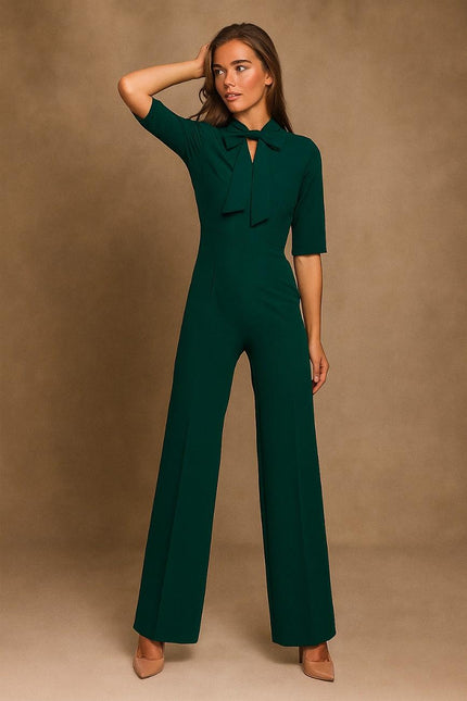 Eliza-Green Tie-Neck Jumpsuit