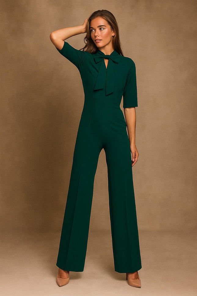 Eliza-Green Tie-Neck Jumpsuit