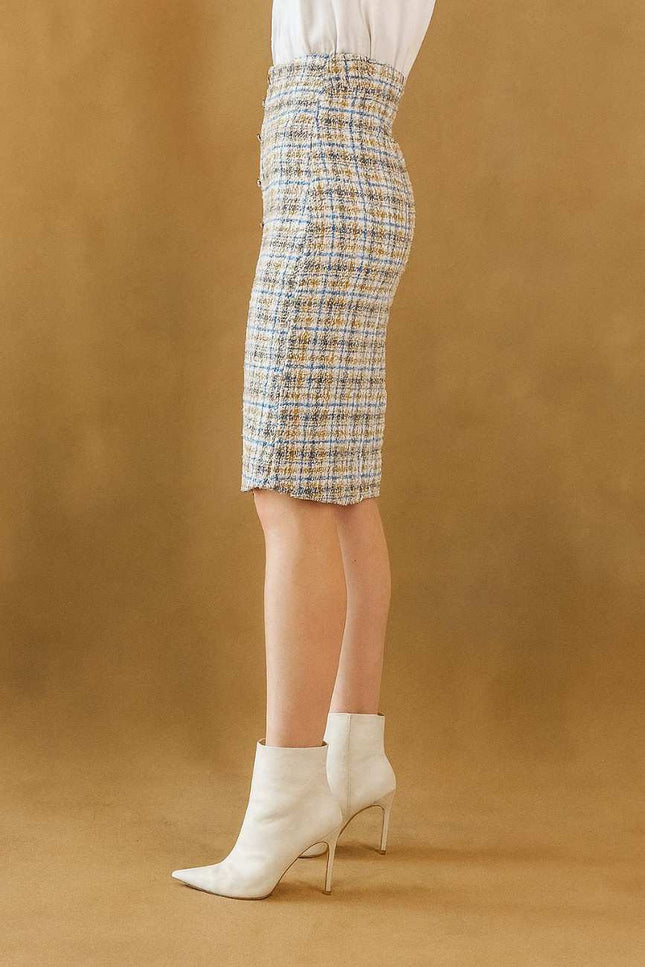 Plaid Tweed Pencil Skirt