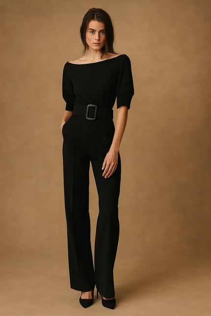 black-Vetra Cold-Shoulder Belted Jumpsuit