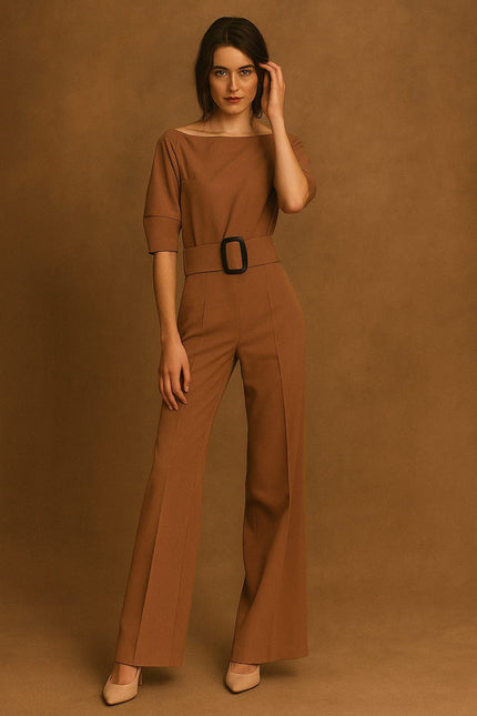Vetra Cold-Shoulder Belted Jumpsuit-brown