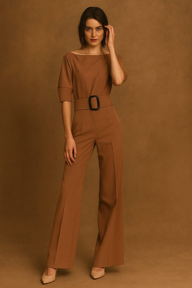 Vetra Cold-Shoulder Belted Jumpsuit-brown