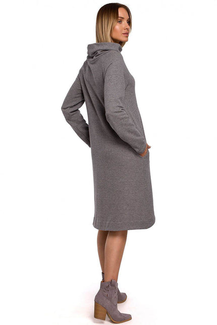 Moe asymmetrical cowl neck dress in gray with long sleeves and pockets for a stylish look
