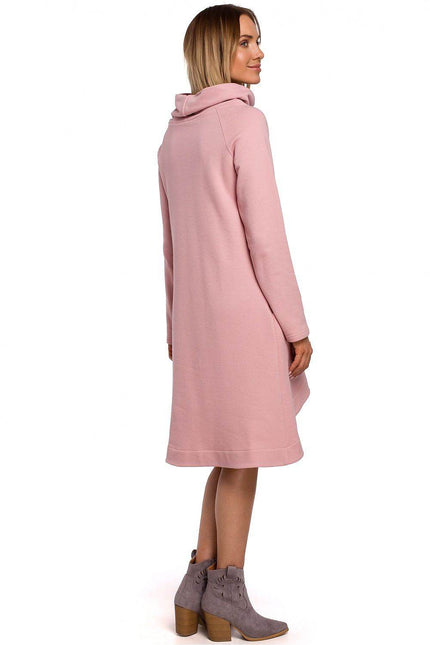 Moe asymmetrical cowl neck dress in soft pink with a relaxed fit and long sleeves