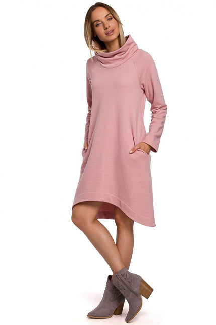 Moe asymmetrical cowl neck dress in pink featuring long sleeves and side pockets