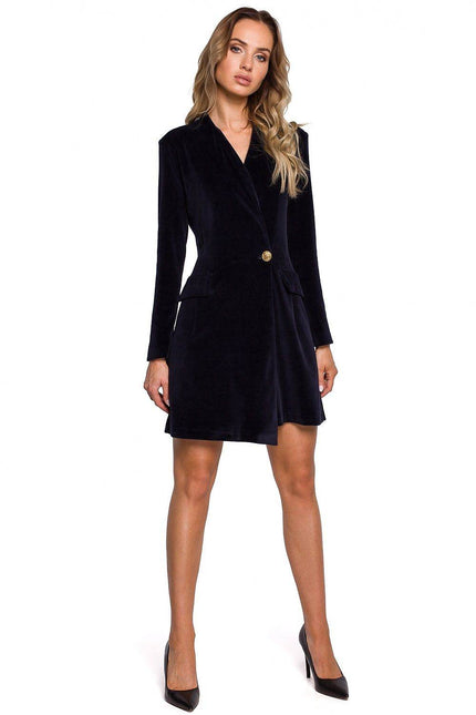 Moe Blazer Dress in Navy Velvet with Long Sleeves and Button Closure for Elegant Occasions
