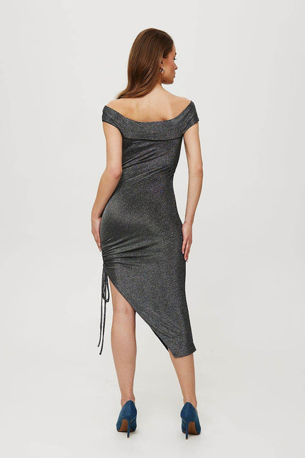 Asymmetrical Shimmer Drawstring Dress - Zeletto