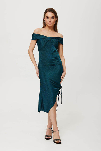 Asymmetrical Shimmer Drawstring Dress - Zeletto