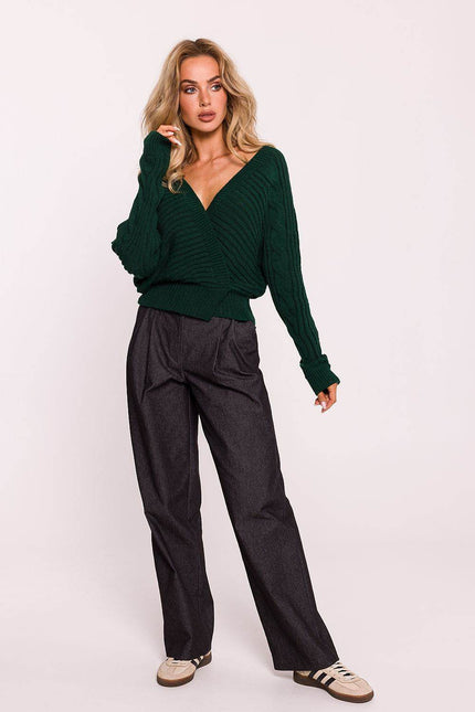 Elegant Deep V-Neck Wrap Knit Sweater - Zeletto