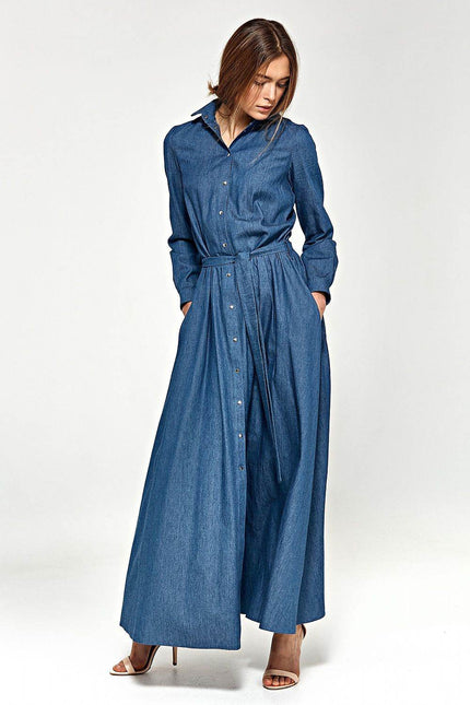 Denim Maxi Shirt Dress with Belted Waist by Nife | Presidora