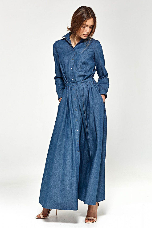Denim Maxi Shirt Dress with Belted Waist by Nife | Presidora