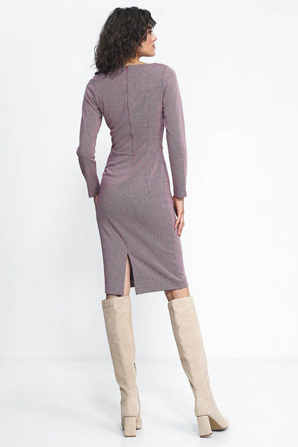 Back view of the Elegant herringbone midi dress with long sleeves and a stylish slit
