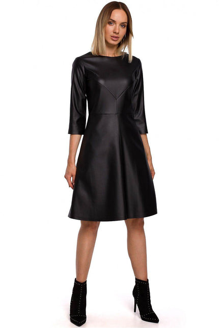 Elegant Moe faux leather A-line dress with three-quarter sleeves and a flattering silhouette