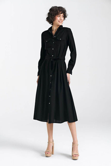 Nife Maddy Midi Shirt Dress in Black with Button Closure and Tie Waist for Elegant Styling