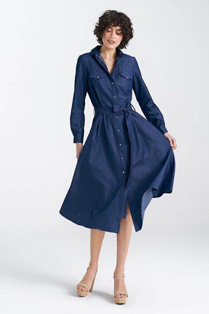 Nife Maddy Midi Shirt Dress in Navy with Button Front and Tie Waist for a Chic Look