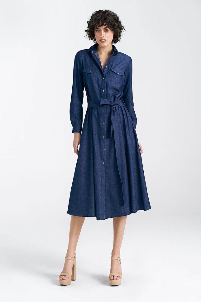 Nife Maddy Midi Shirt Dress in denim blue with a cinched waist and long sleeves