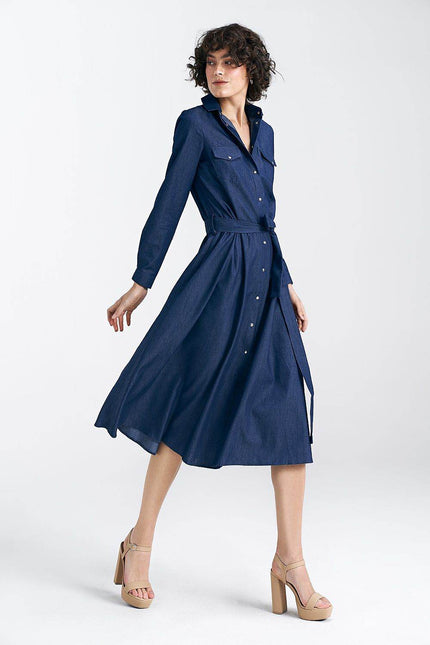 Nife Maddy Midi Shirt Dress in Navy Blue with Button Front and Tie Waist Detail