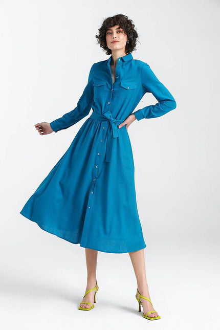 Nife Maddy Midi Shirt Dress in Bright Blue with Button Front and Belted Waist