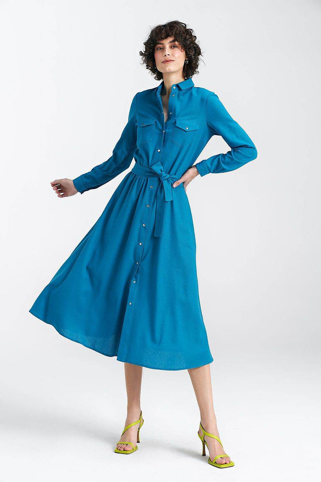 Nife Maddy Midi Shirt Dress in Bright Blue with Button Front and Belted Waist