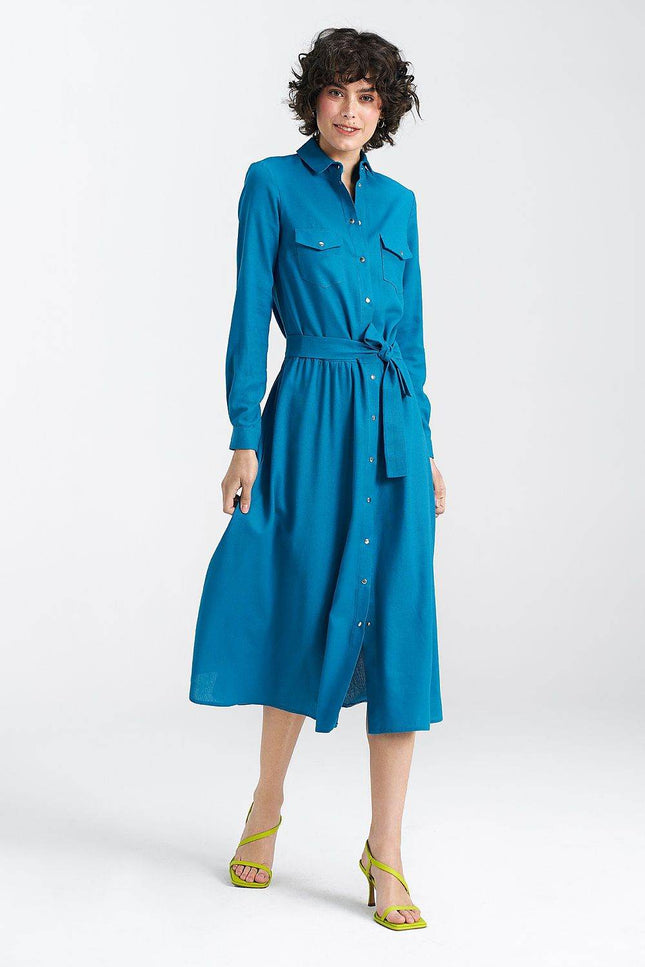 Nife Maddy Midi Shirt Dress in Vibrant Blue with Long Sleeves and Waist Tie Detail