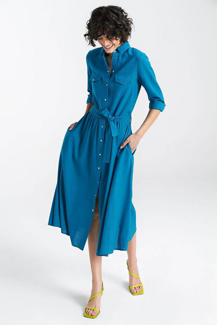 Nife Maddy Midi Shirt Dress in Teal with Button Front and Waist Tie for a Stylish Look
