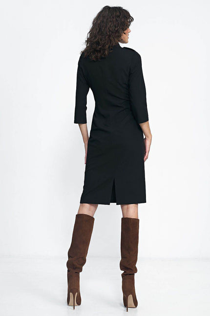 Nife black placket dress with three-quarter sleeves and a back slit detail