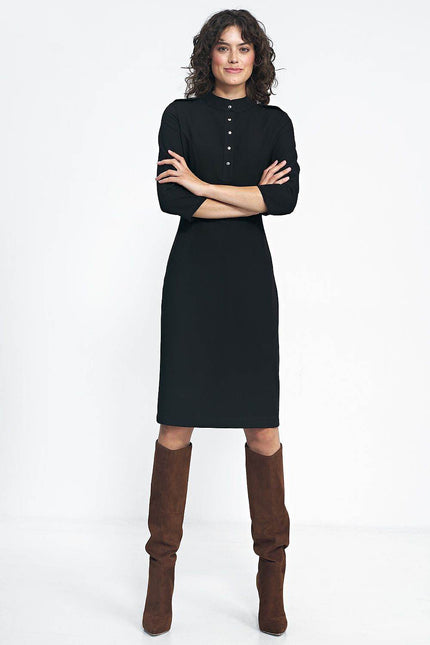 Nife Black Placket Dress with Button Placket and Three-Quarter Sleeves for Elegant Style
