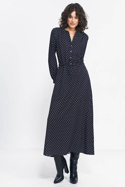 Nife polka dot maxi dress with long sleeves and a belted waist for an elegant look
