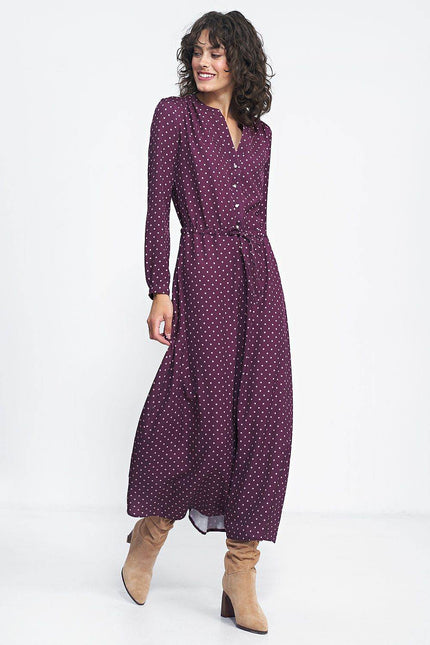 Nife burgundy polka dot maxi dress with button closure and long sleeves for elegant style