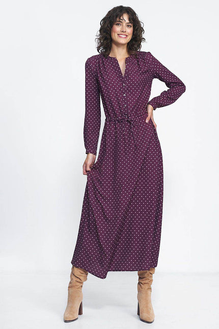 Nife Burgundy Polka Dot Maxi Dress with Long Sleeves and Adjustable Waist for Stylish Elegance