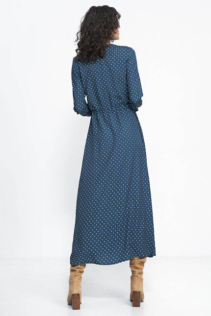 Nife polka dot maxi dress in navy with a flattering silhouette and long sleeves for a stylish look