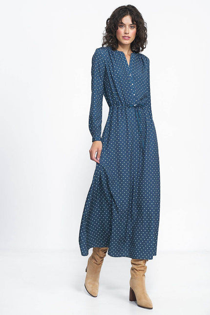 Nife Polka Dot Maxi Dress in Navy Blue with Long Sleeves and a Waist Tie