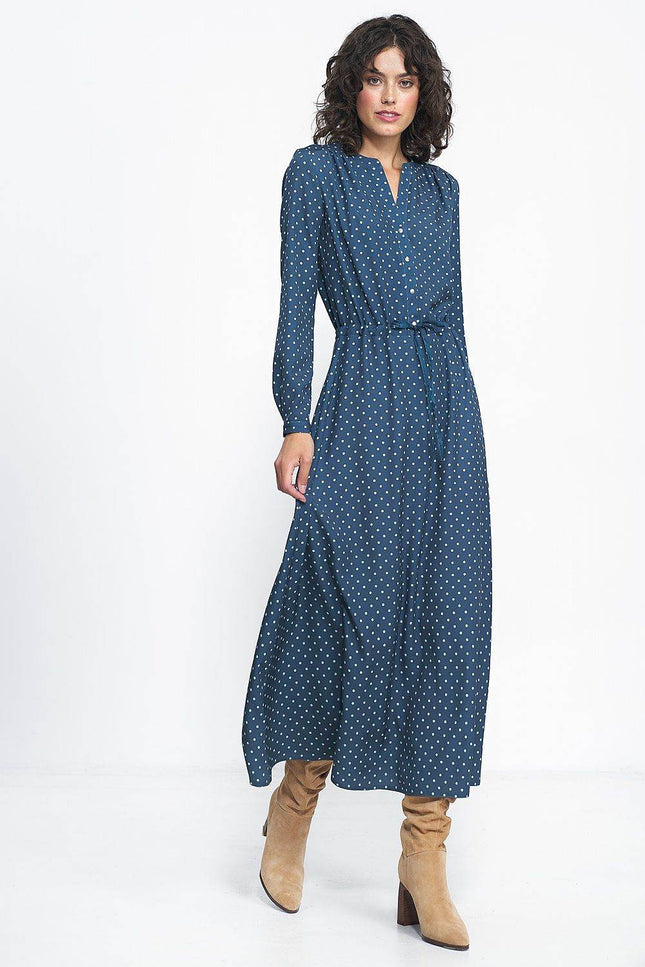 Nife Polka Dot Maxi Dress in Navy Blue with Long Sleeves and a Waist Tie