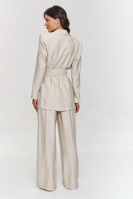 Makadamia tailored set featuring a belted blazer and wide-leg pants in a neutral color