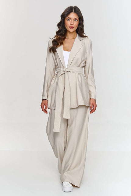 Makadamia tailored set in light beige with a belted blazer and wide-leg trousers for a chic look