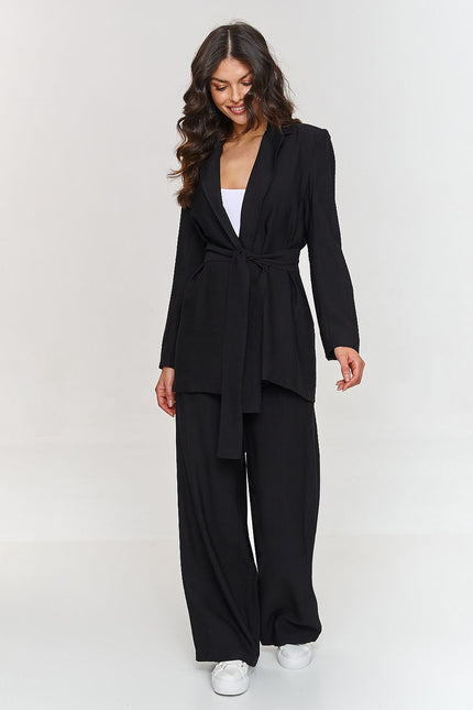 Makadamia tailored set featuring a black blazer with belt and wide-leg pants for stylish outfits