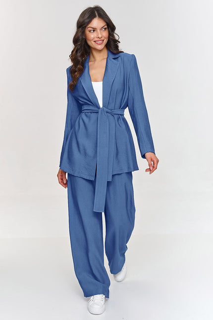 Stylish Makadamia tailored set in blue featuring a belted blazer and wide-leg pants