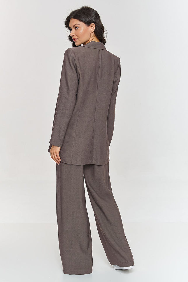 Makadamia tailored set featuring a long blazer and wide-leg trousers in a chic taupe color