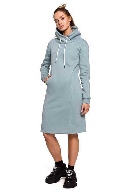 Moe ultra comfy knit dress in light blue with a hood and side pockets for casual wear